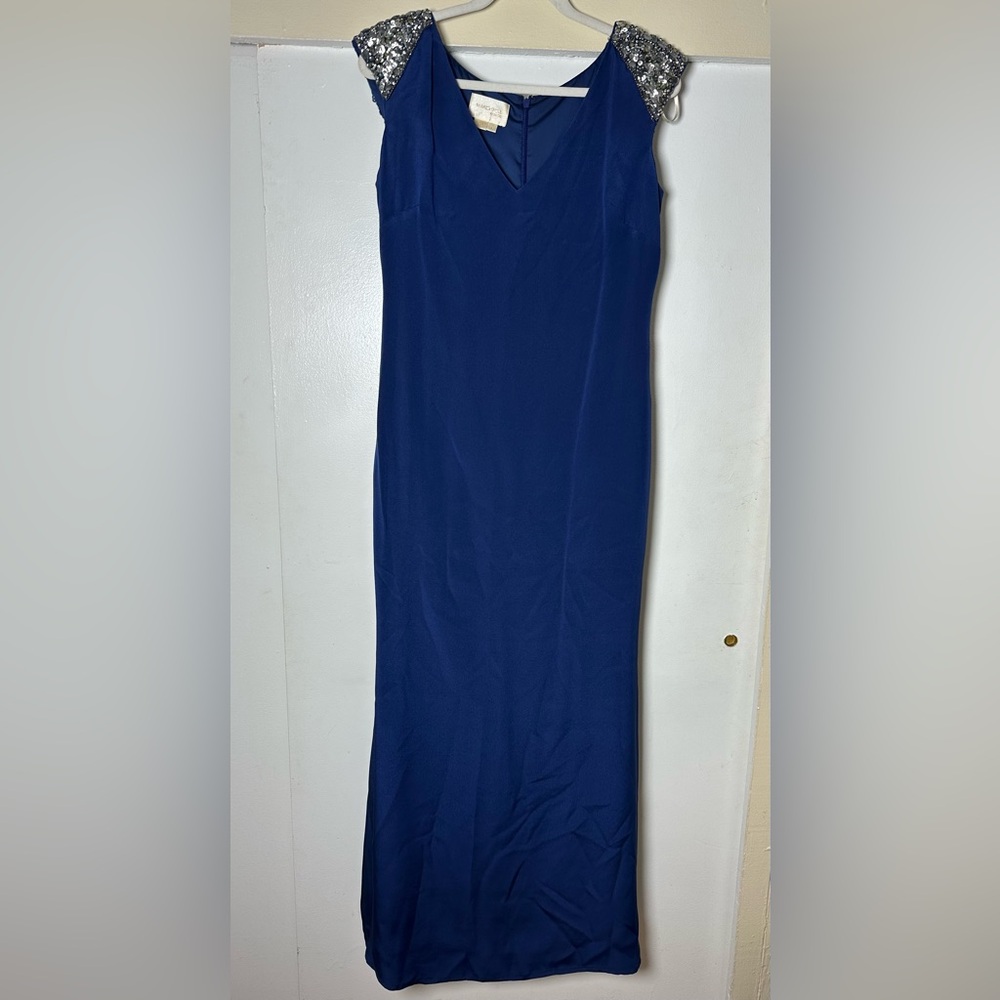 Marchesa Notte Blue Silk Evening Gown Beaded Shoulders V Neck Sleeveless 10 - Picture 2 of 13